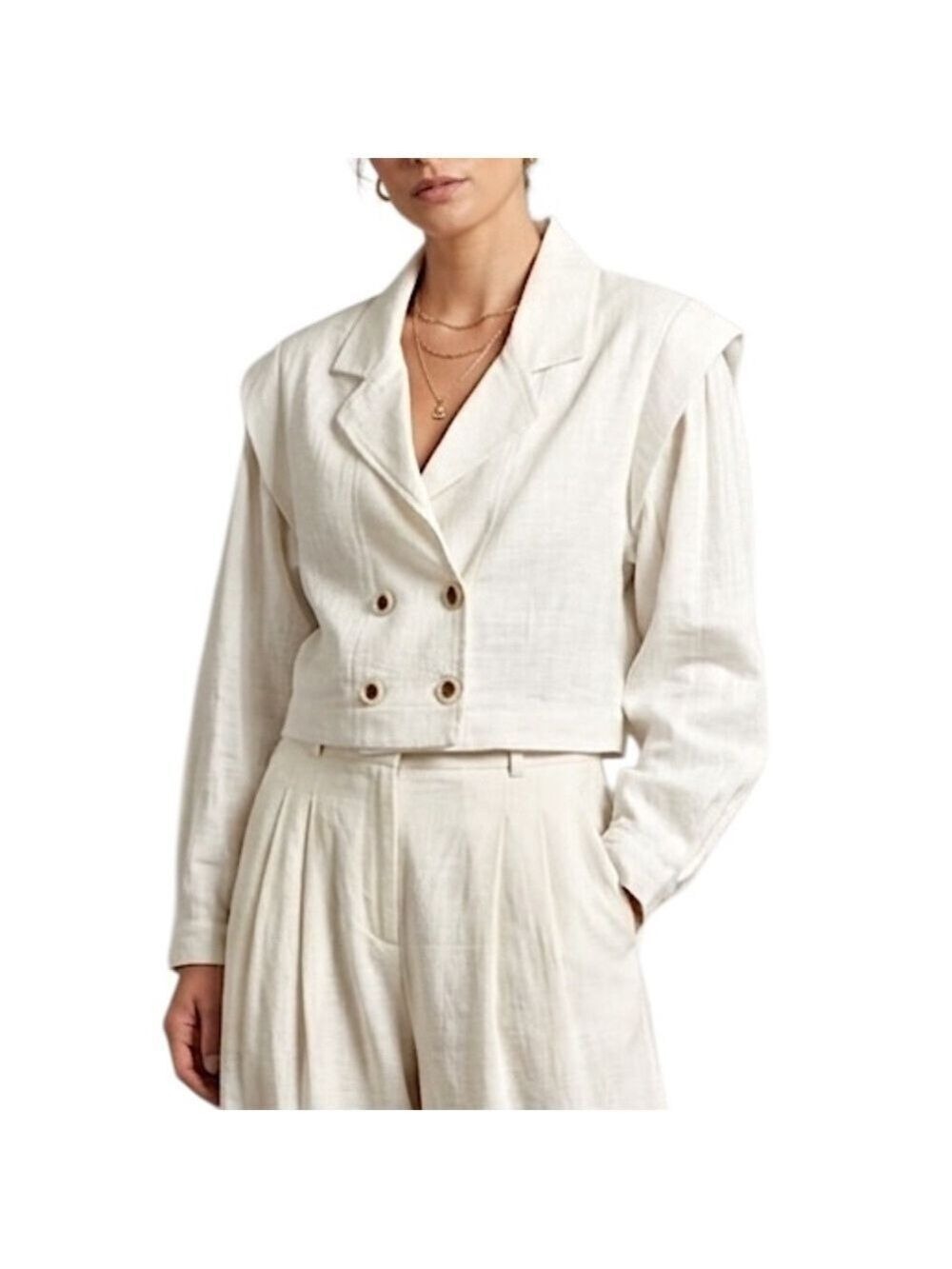 NWOT Samdan Turkiye white cropped statement shoulder double breasted blazer 36